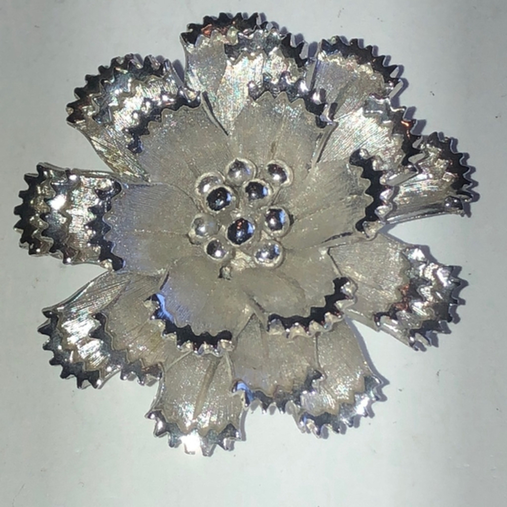 Vintage Satin Soft Silver Tone 3D Flower Brooch Shoulder Pin